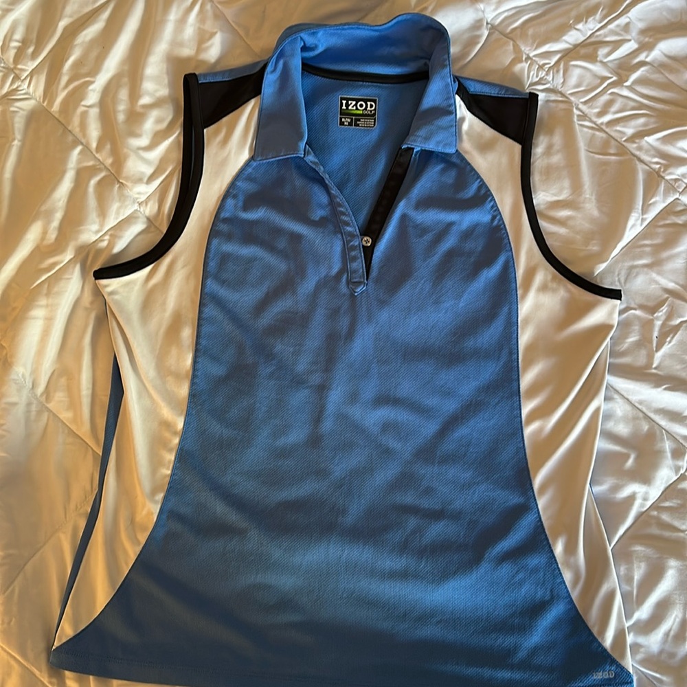 Izod women’s sleeveless golf shirt, blue, white, and black